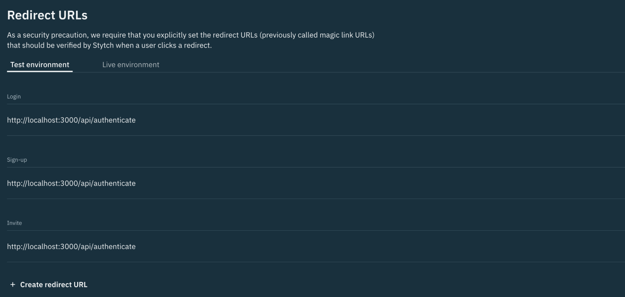 Stytch redirect URL settings